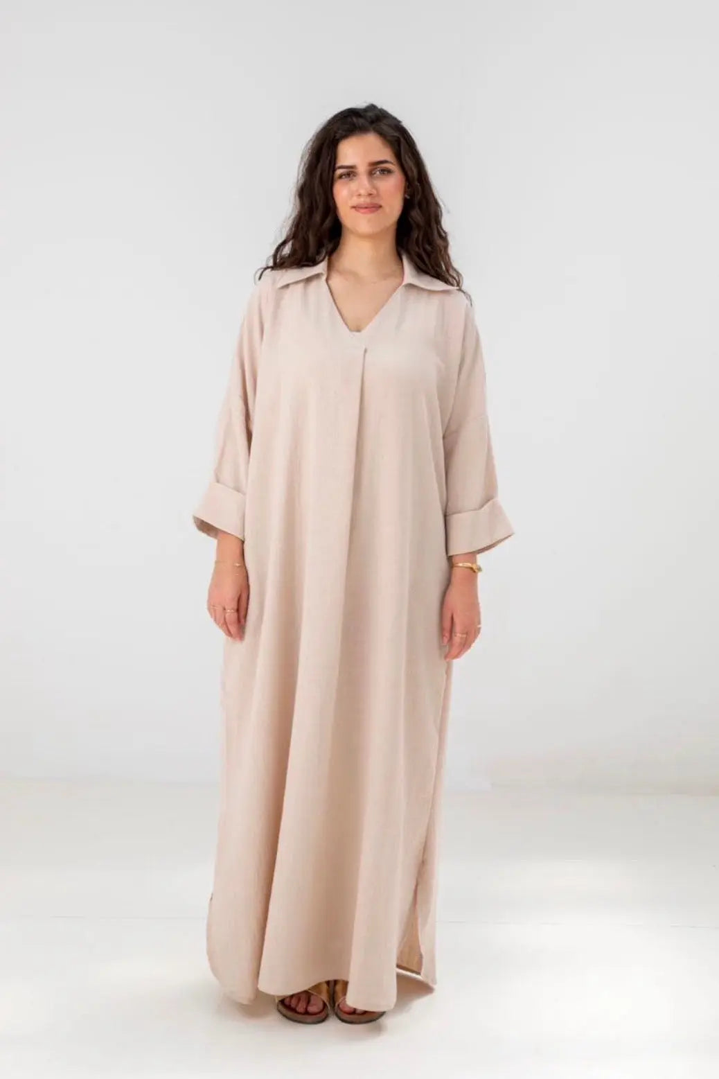 Loose-Fit Linen Maxi Dress – Beige
