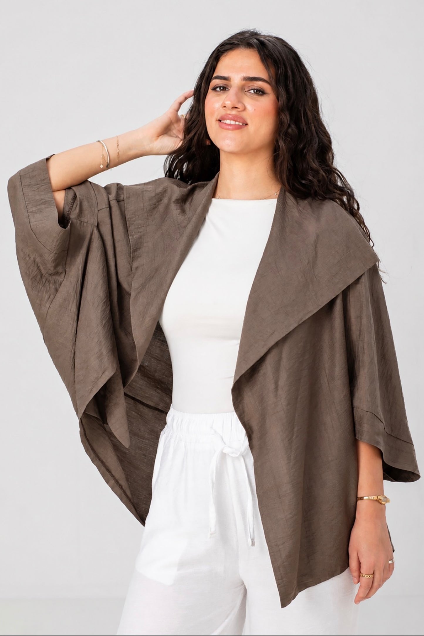 Mocha Linen Open-Front Drape Jacket