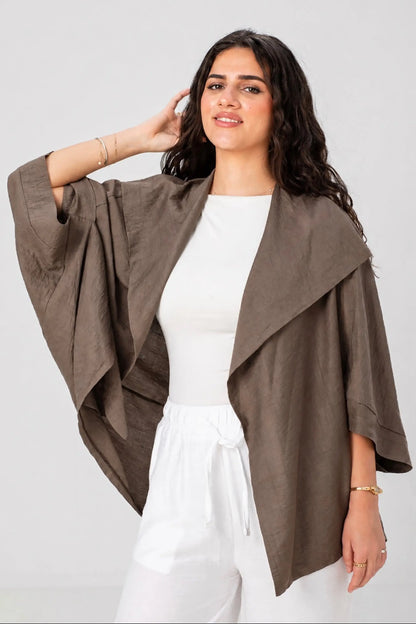 Mocha Linen Open-Front Drape Jacket