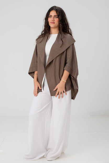 Mocha Linen Open-Front Drape Jacket