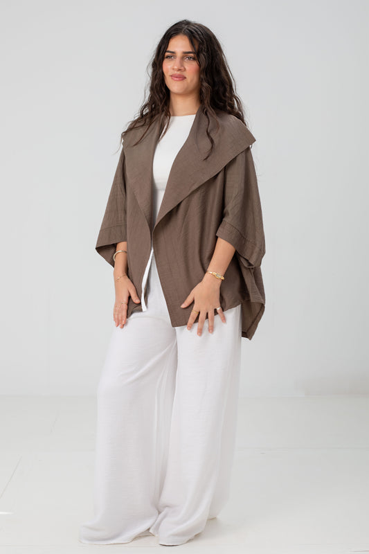 Mocha Linen Open-Front Drape Jacket