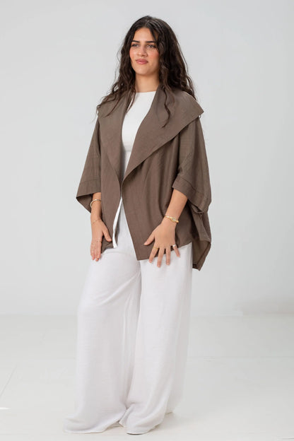 Mocha Linen Open-Front Drape Jacket