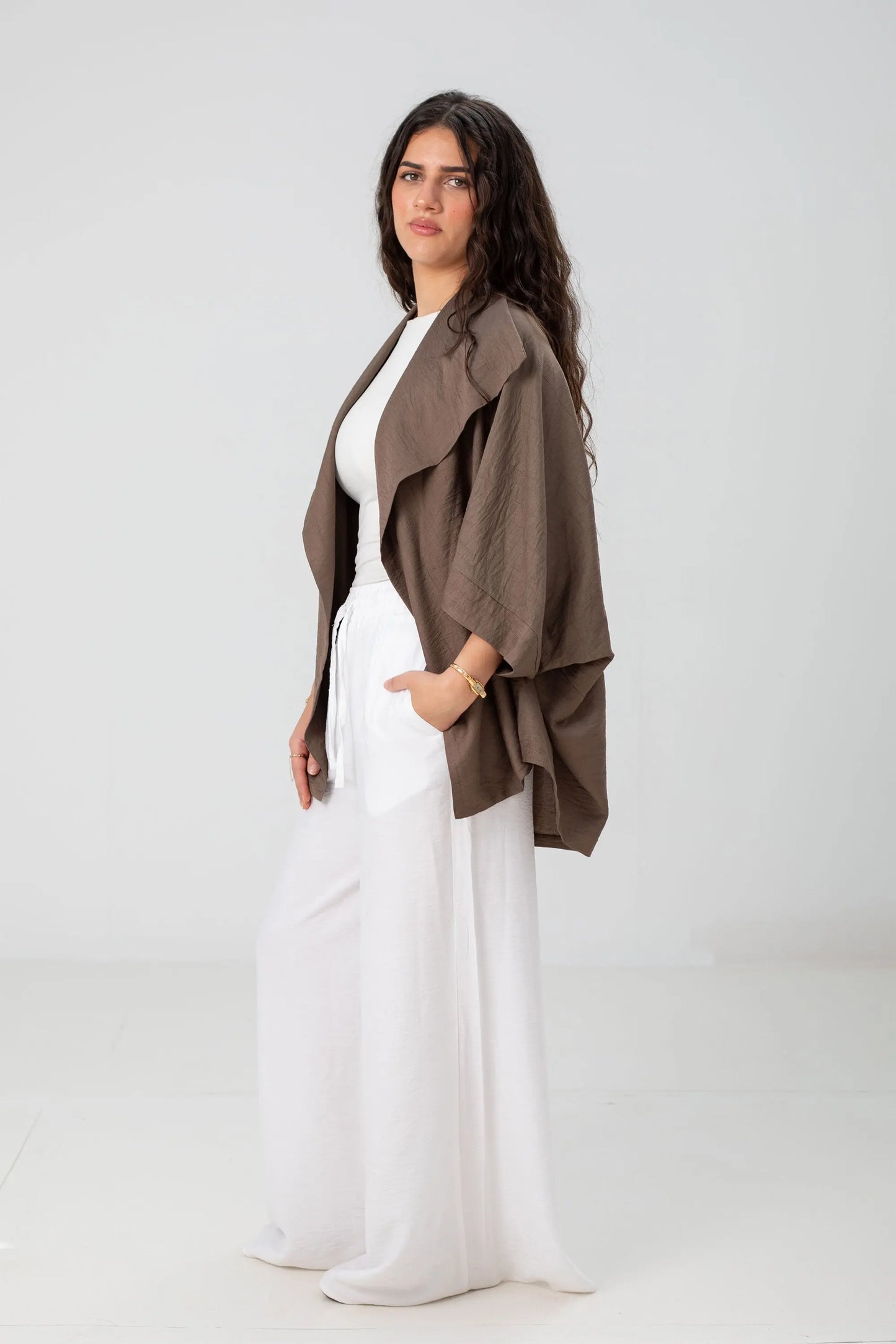 Mocha Linen Open-Front Drape Jacket