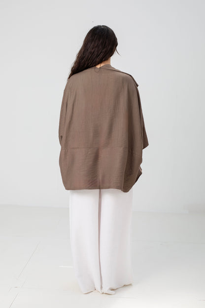 Mocha Linen Open-Front Drape Jacket