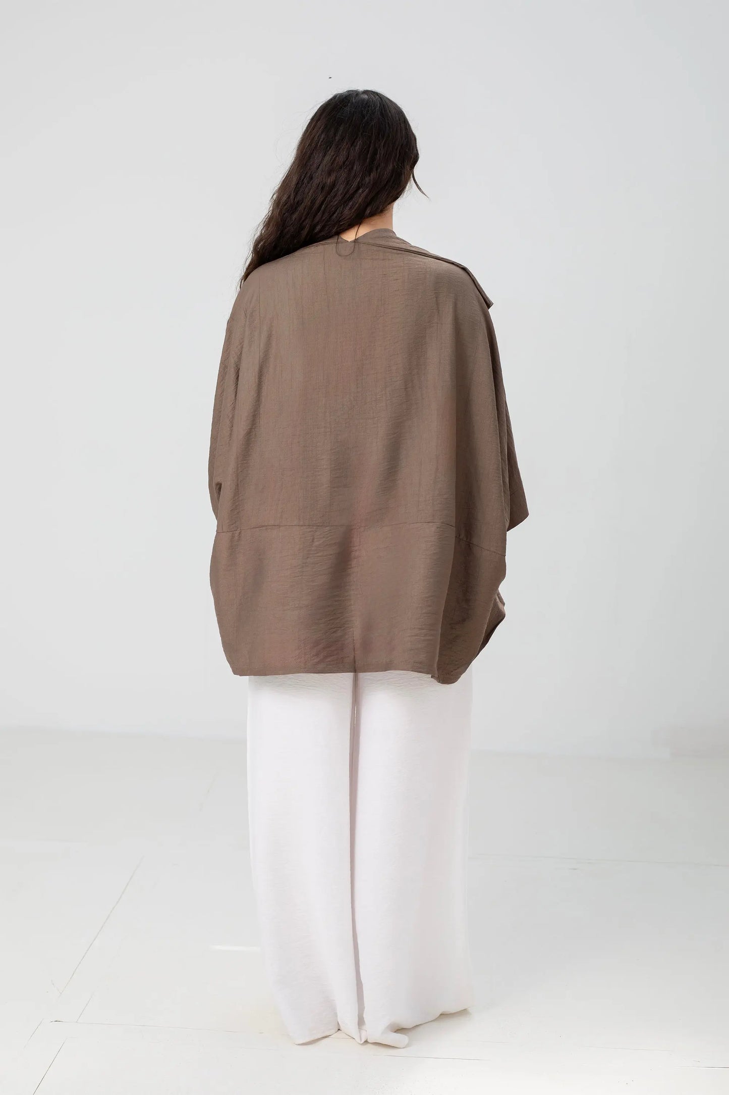Mocha Linen Open-Front Drape Jacket