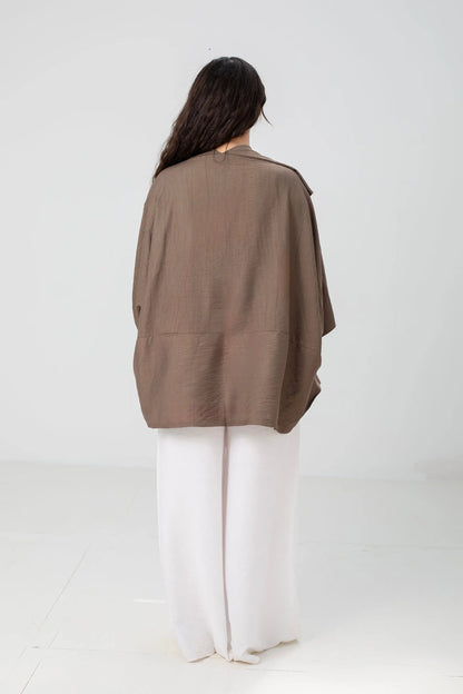 Mocha Linen Open-Front Drape Jacket