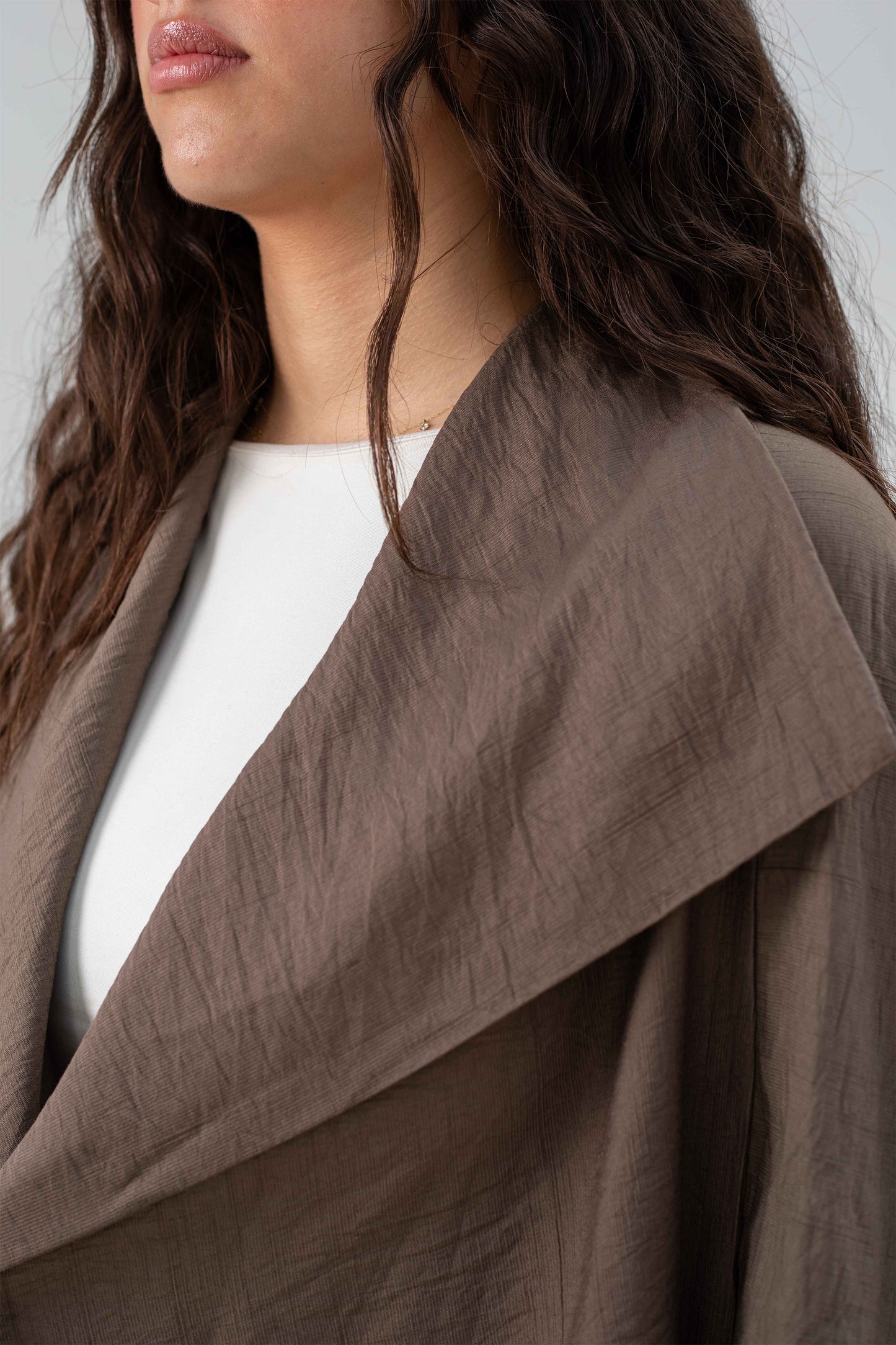 Mocha Linen Open-Front Drape Jacket