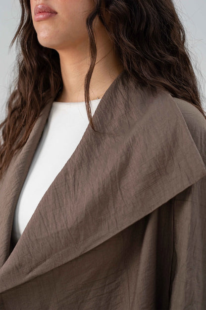 Mocha Linen Open-Front Drape Jacket