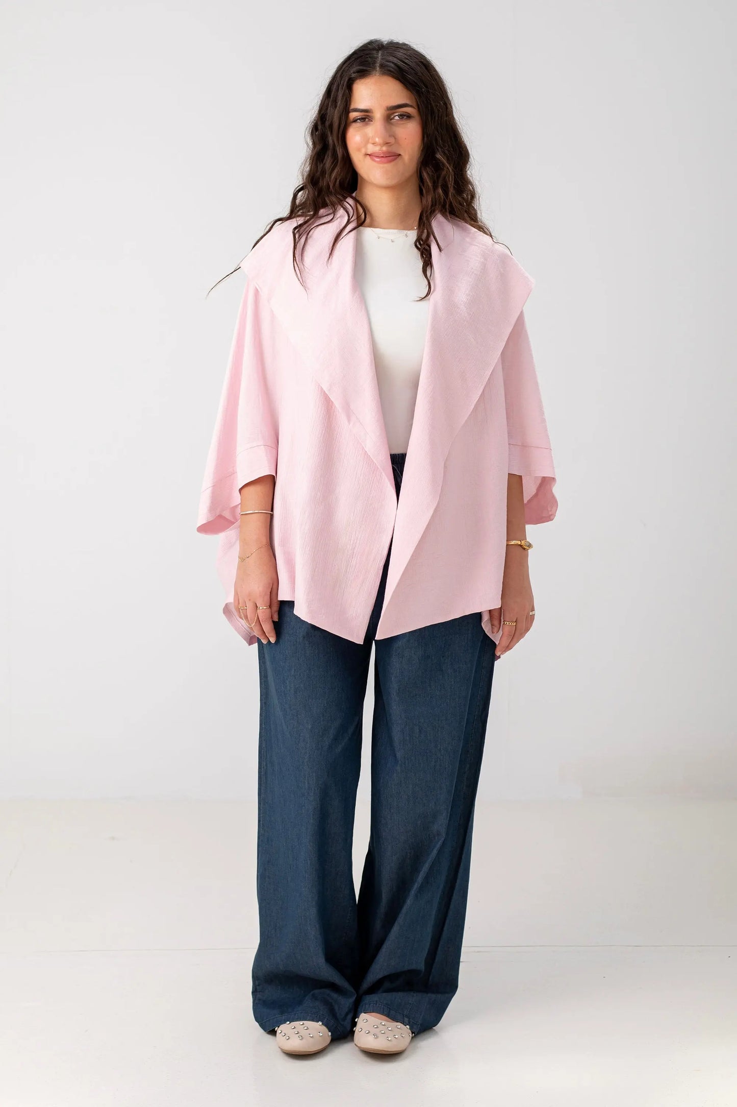 Blush Pink Linen Open-Front Drape Jacket
