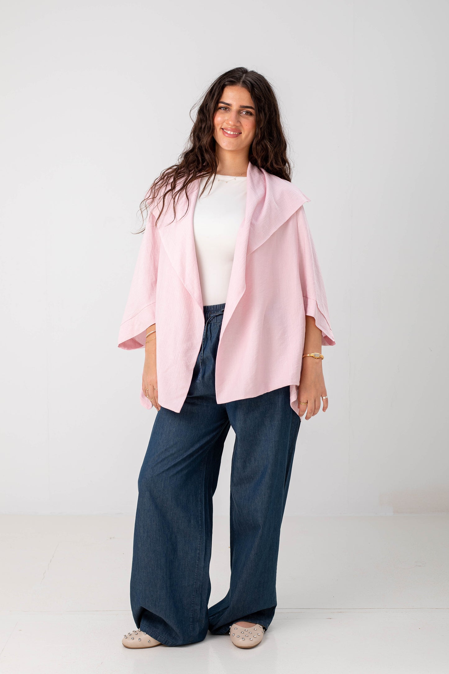 Blush Pink Linen Open-Front Drape Jacket