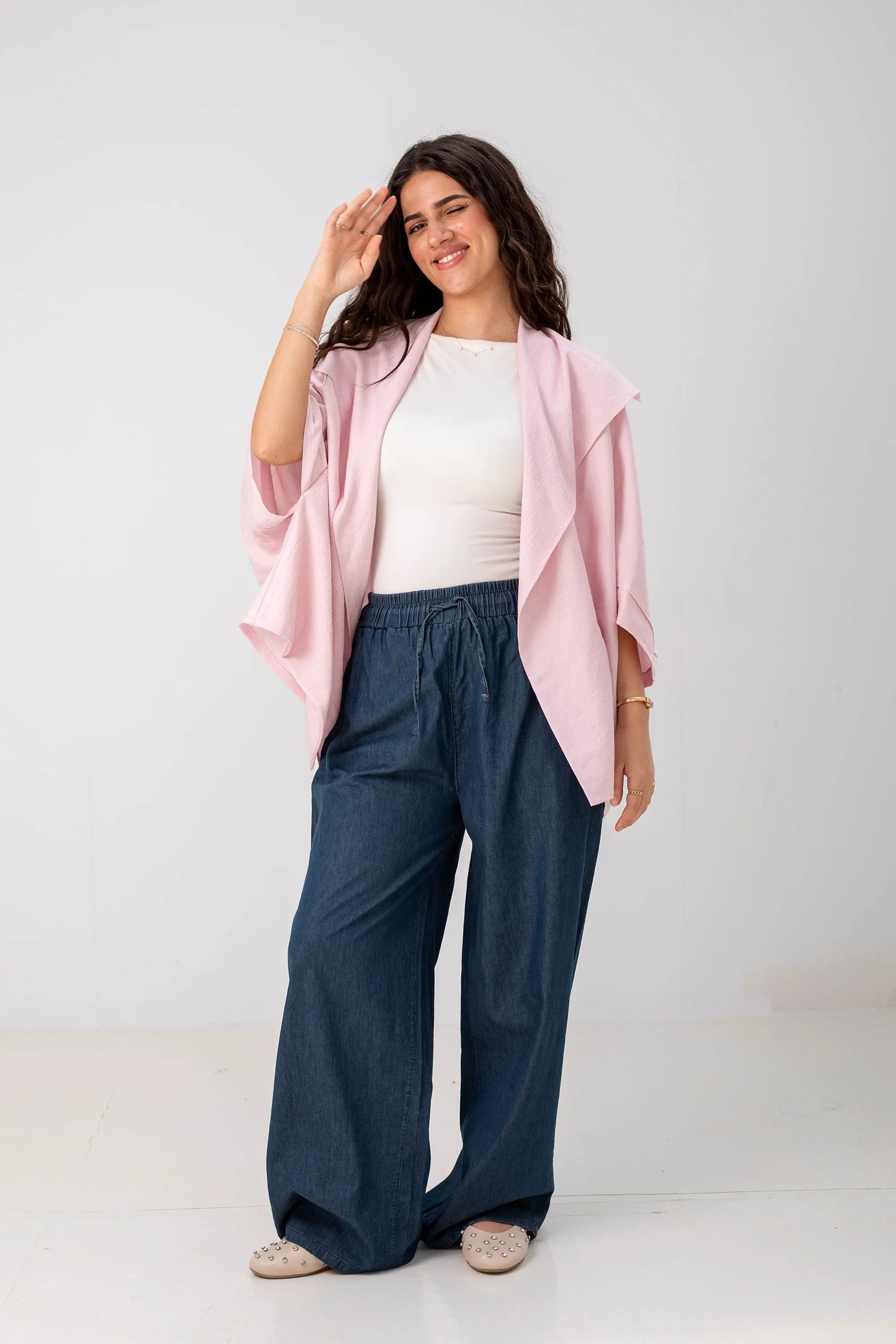 Blush Pink Linen Open-Front Drape Jacket