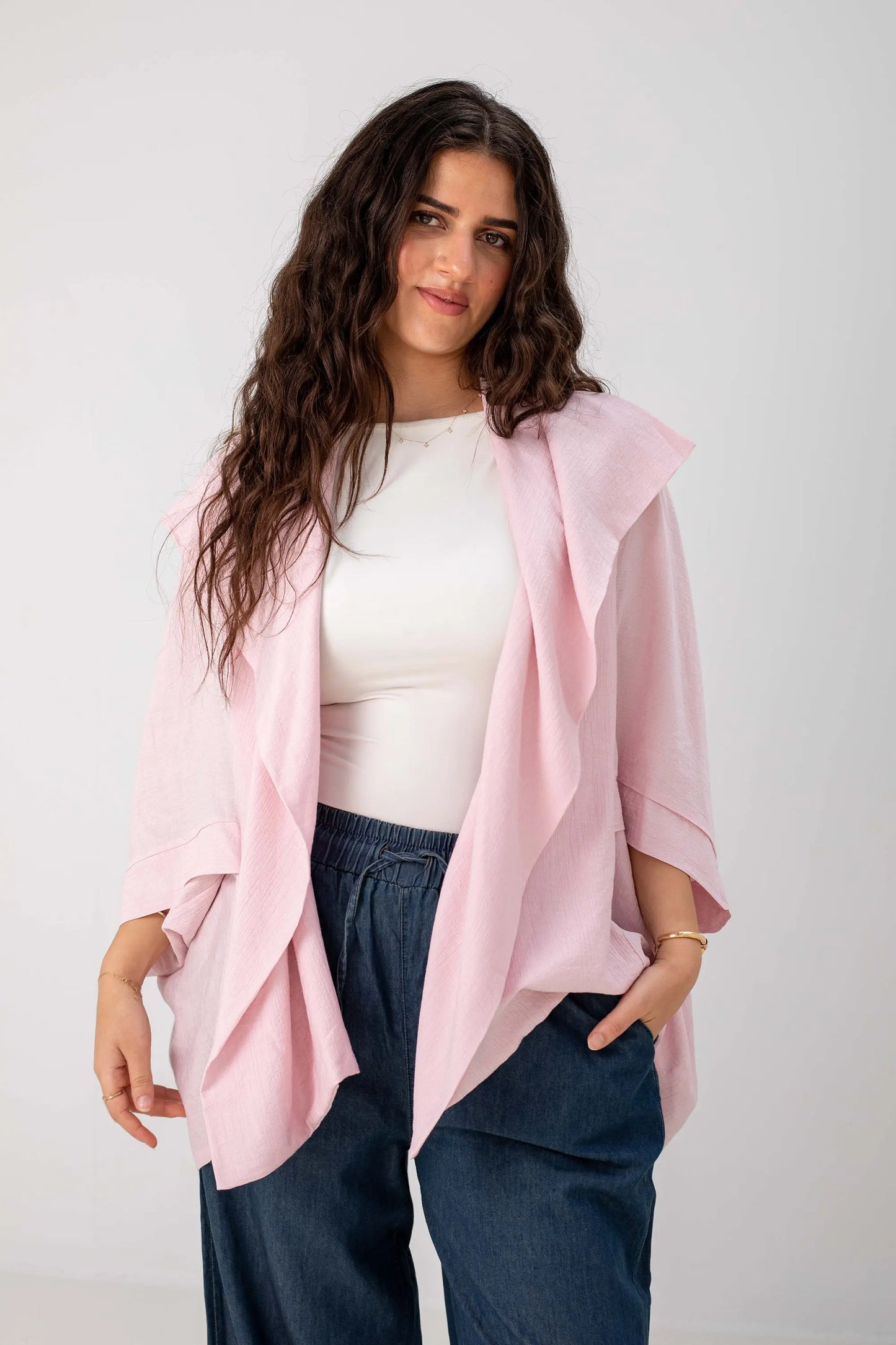 Blush Pink Linen Open-Front Drape Jacket