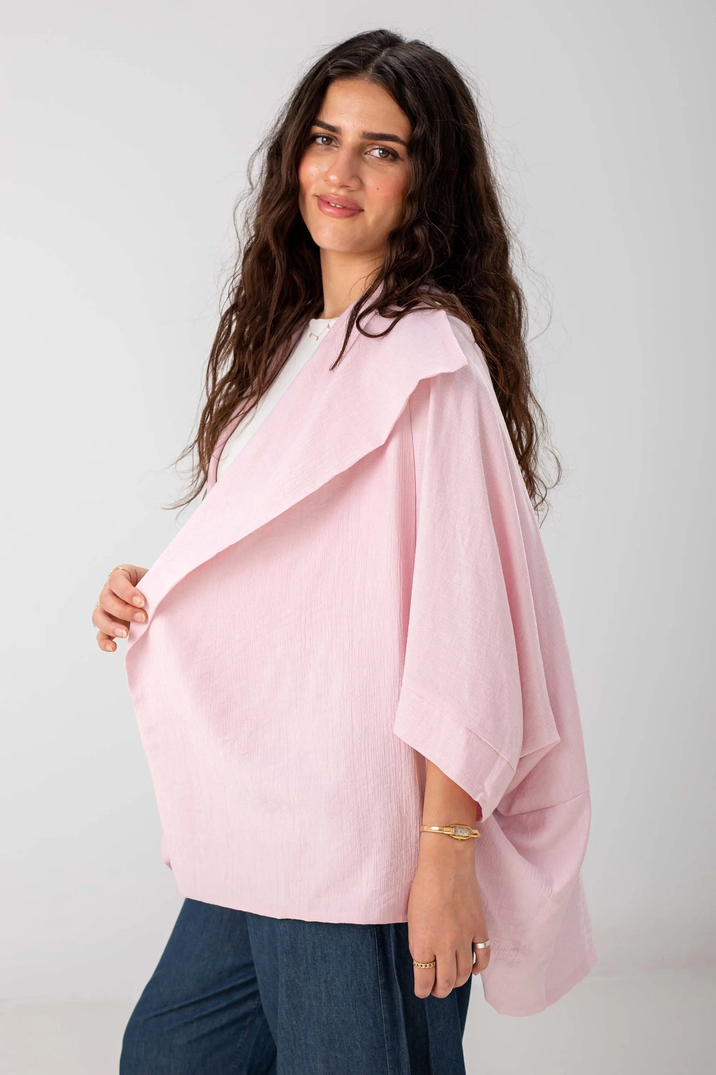 Blush Pink Linen Open-Front Drape Jacket