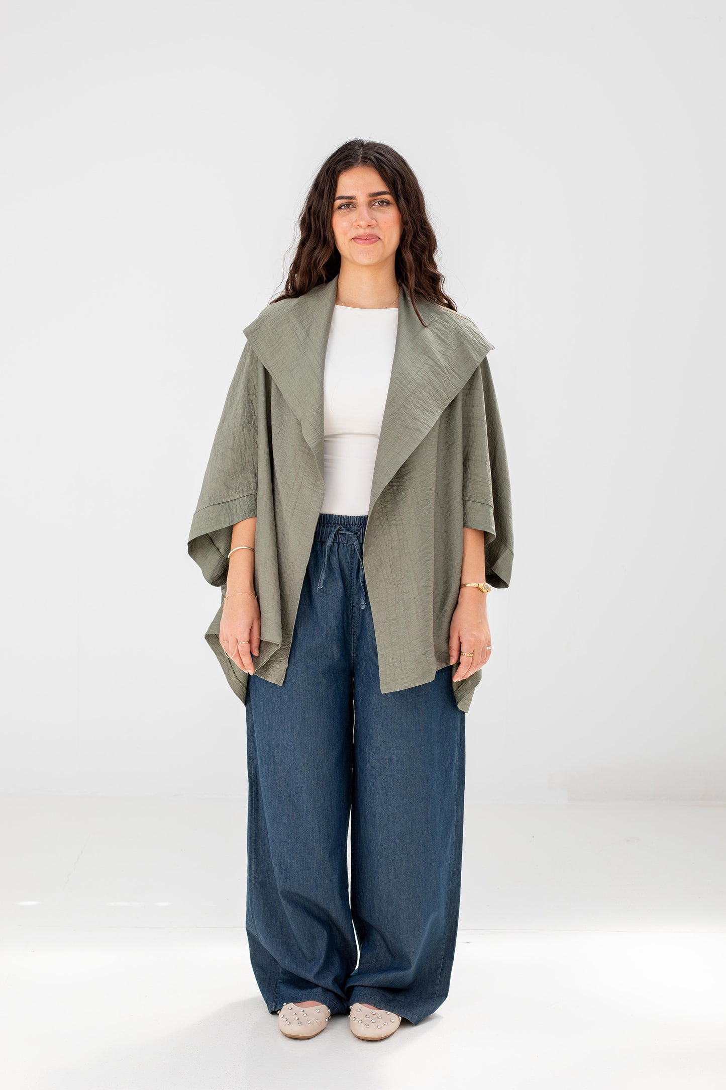 Sage Green Linen Open-Front Drape Jacket