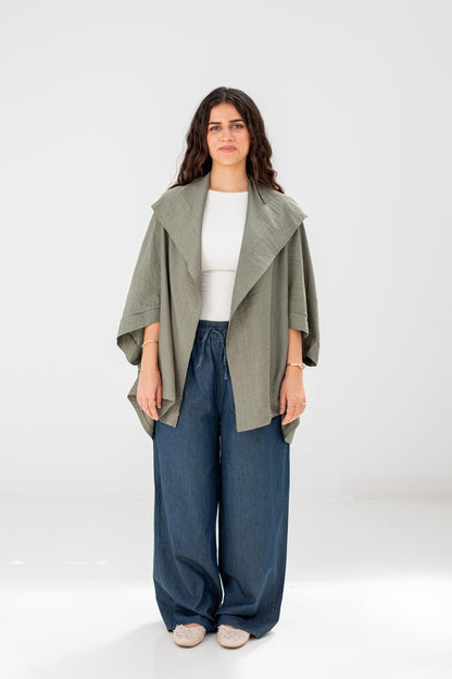 Sage Green Linen Open-Front Drape Jacket