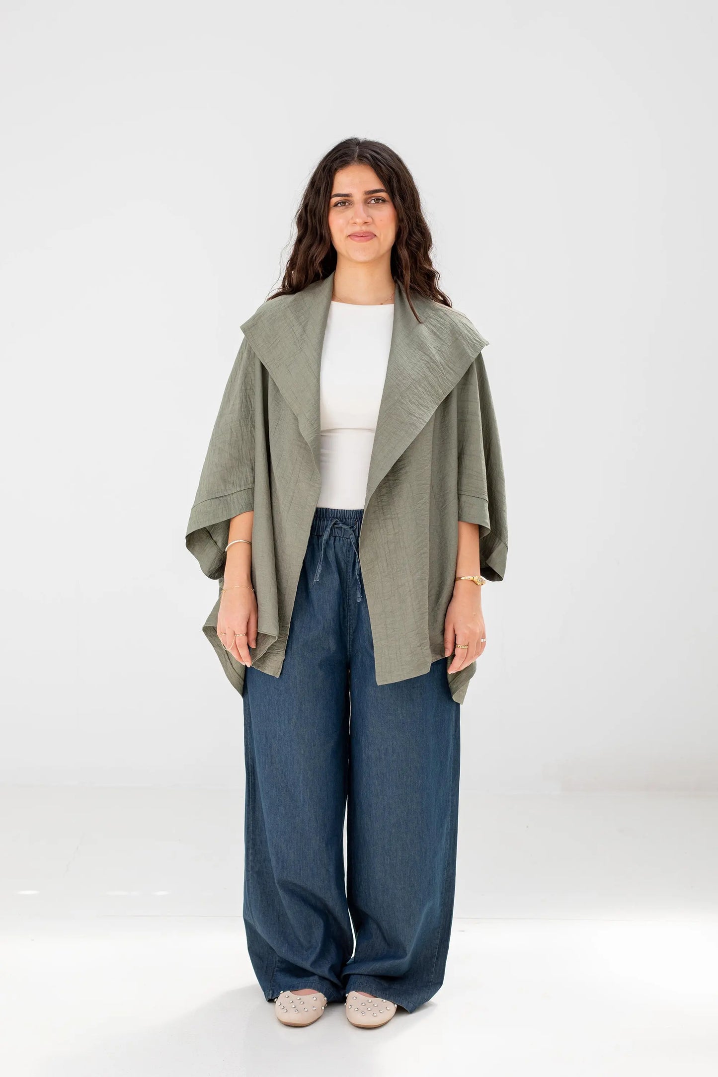 Sage Green Linen Open-Front Drape Jacket
