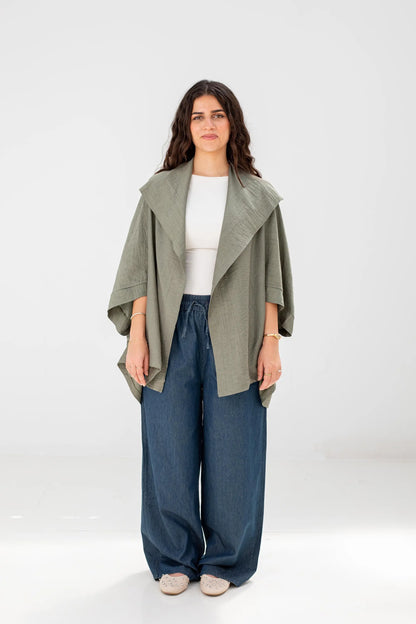 Sage Green Linen Open-Front Drape Jacket