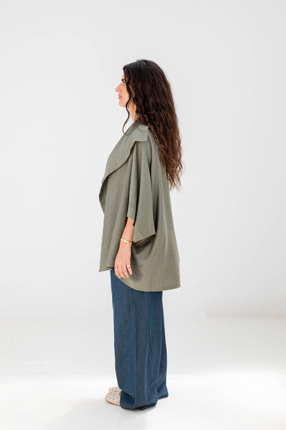 Sage Green Linen Open-Front Drape Jacket