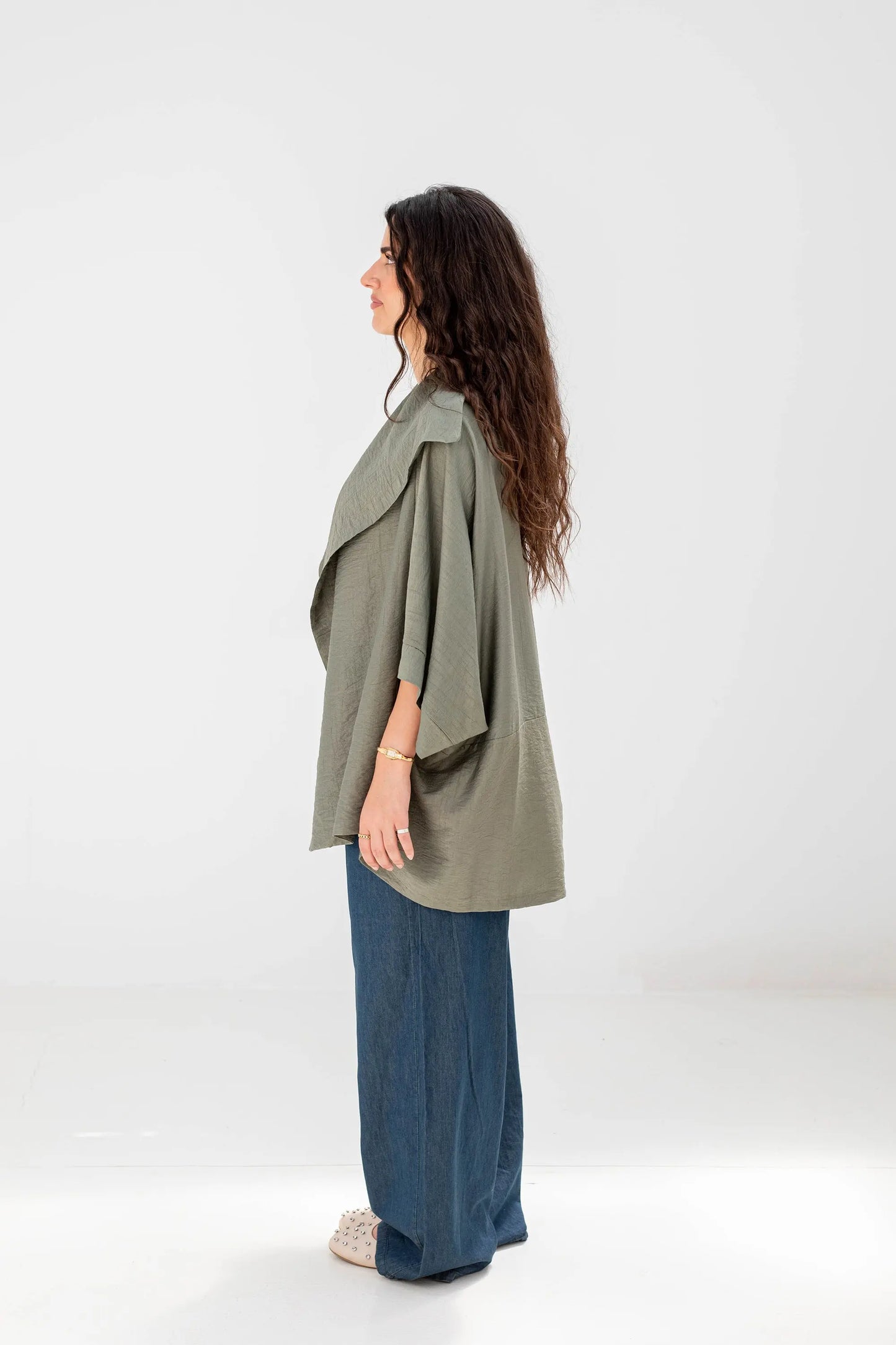 Sage Green Linen Open-Front Drape Jacket