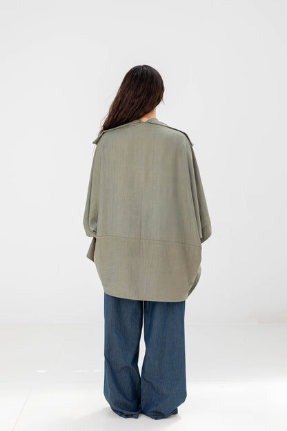 Sage Green Linen Open-Front Drape Jacket