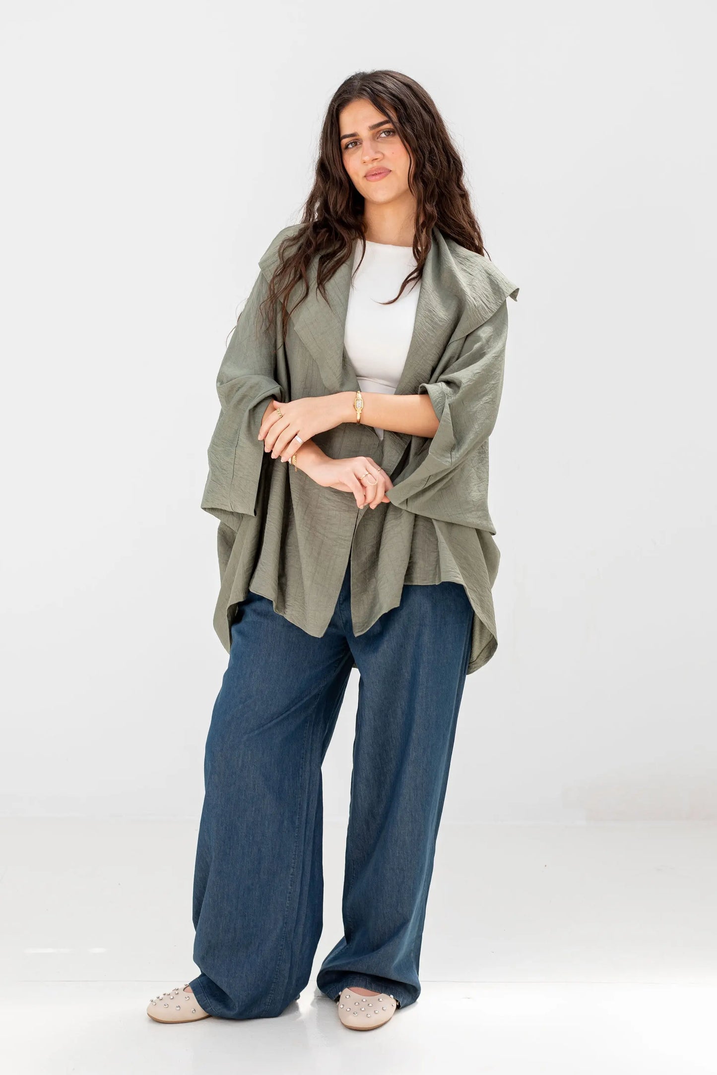 Sage Green Linen Open-Front Drape Jacket