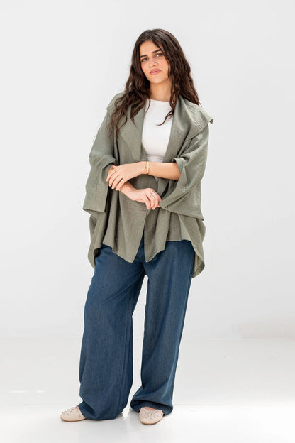 Sage Green Linen Open-Front Drape Jacket