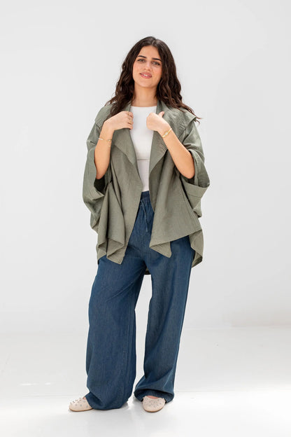 Sage Green Linen Open-Front Drape Jacket