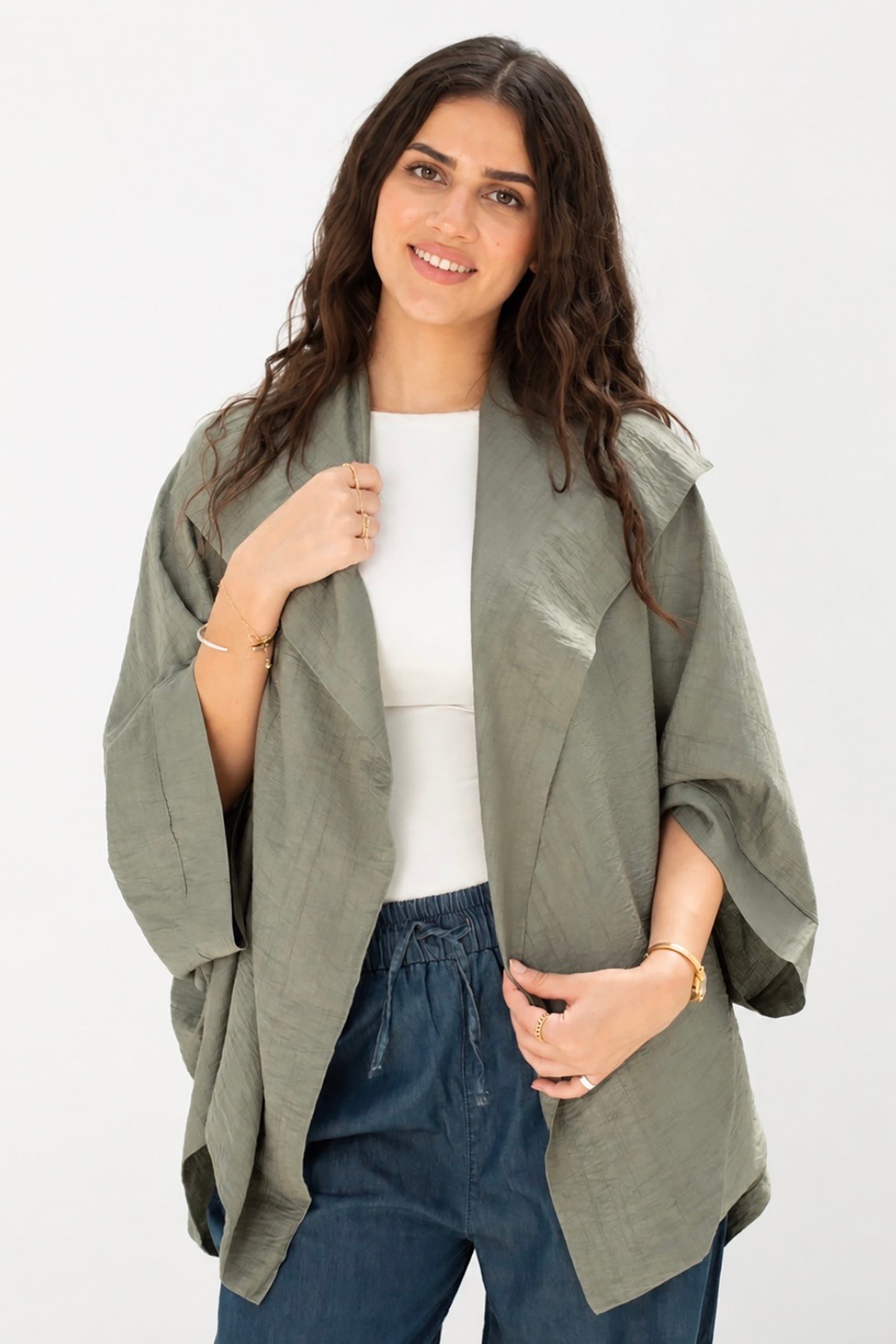 Sage Green Linen Open-Front Drape Jacket