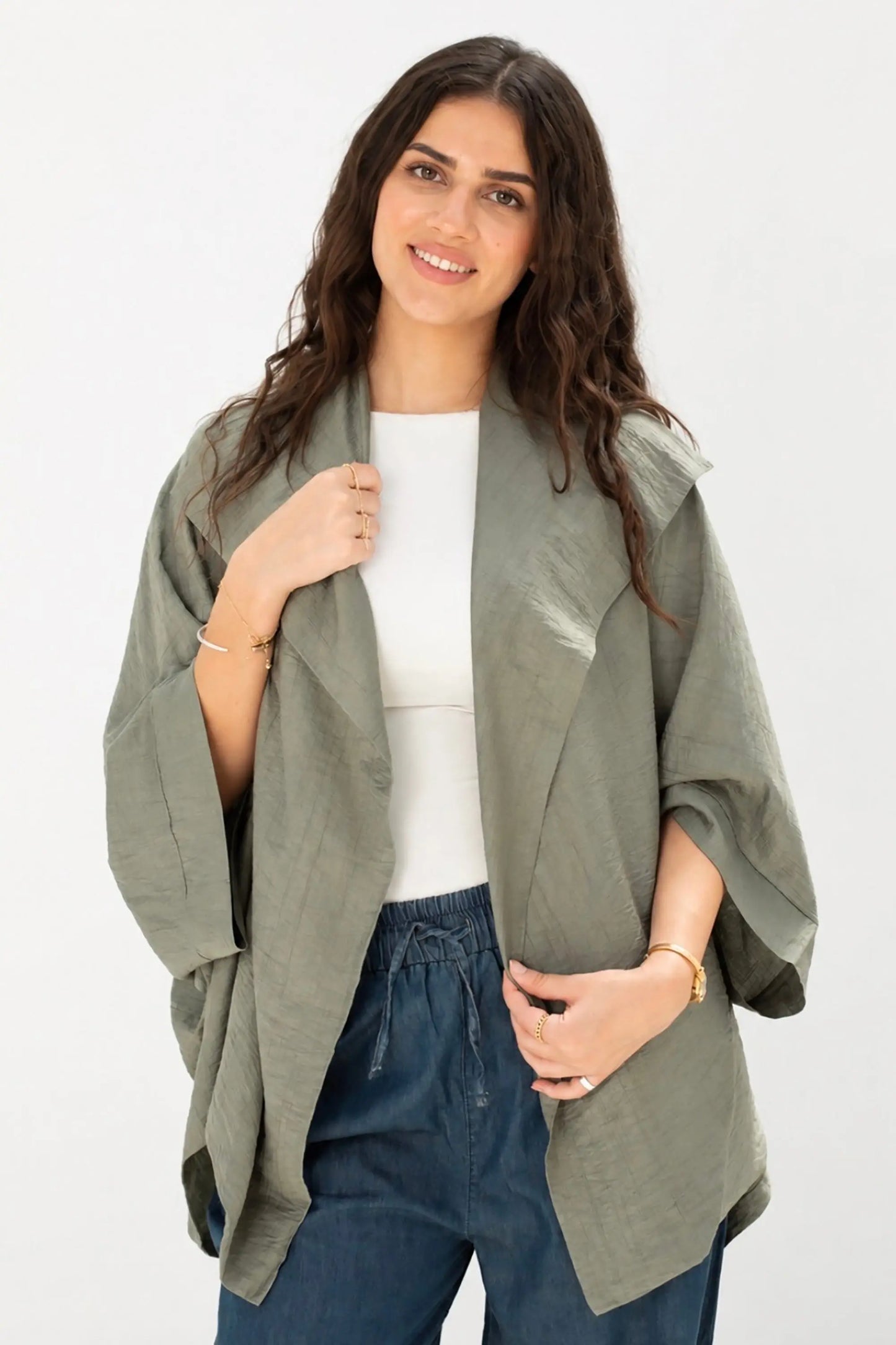 Sage Green Linen Open-Front Drape Jacket
