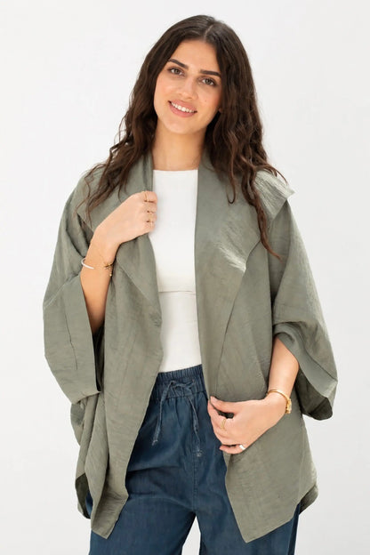 Sage Green Linen Open-Front Drape Jacket