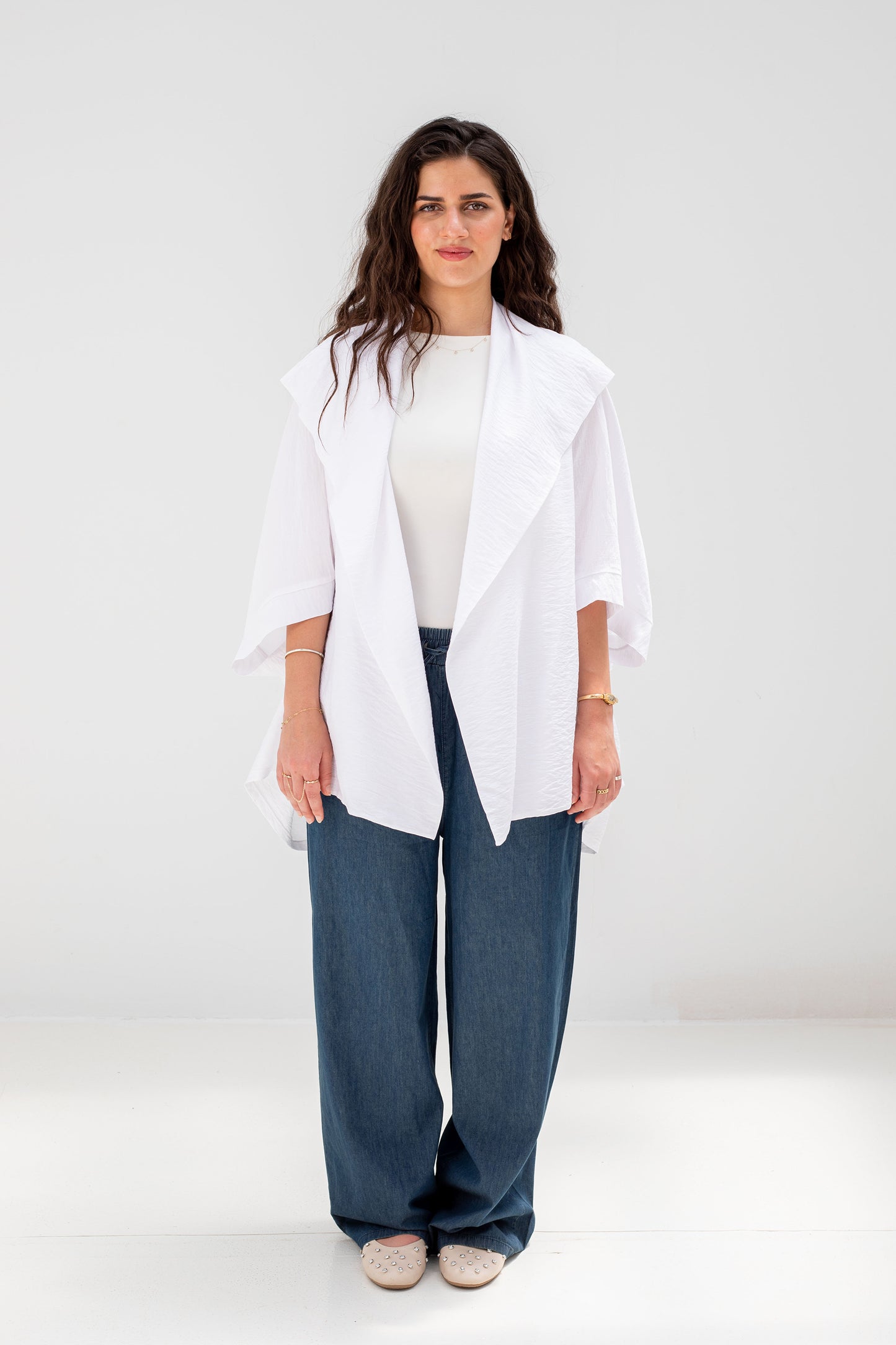White Linen Open-Front Drape Jacket