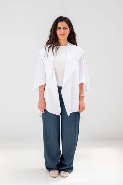 White Linen Open-Front Drape Jacket