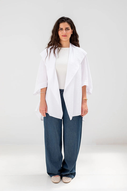 White Linen Open-Front Drape Jacket