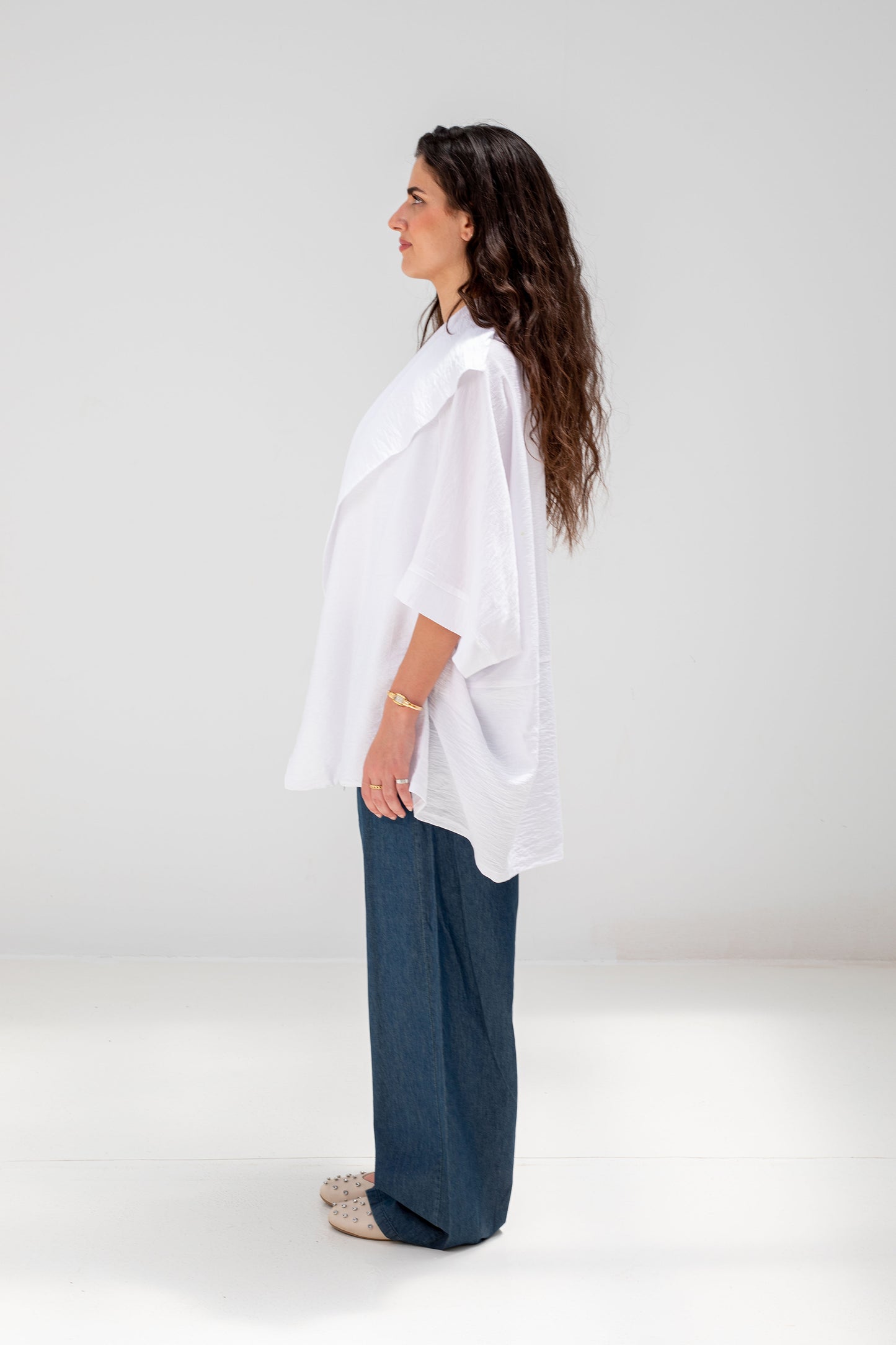 White Linen Open-Front Drape Jacket