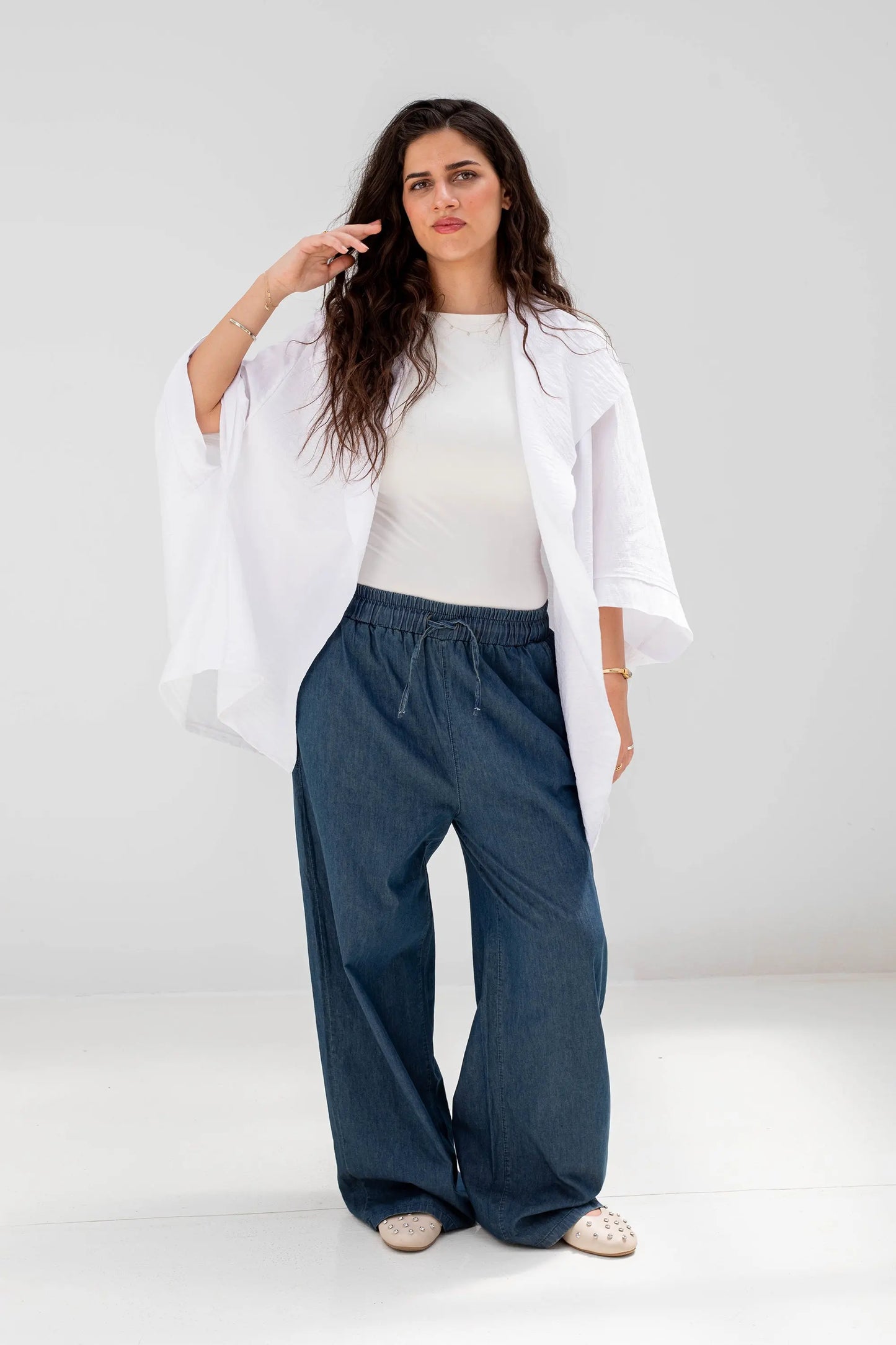 White Linen Open-Front Drape Jacket