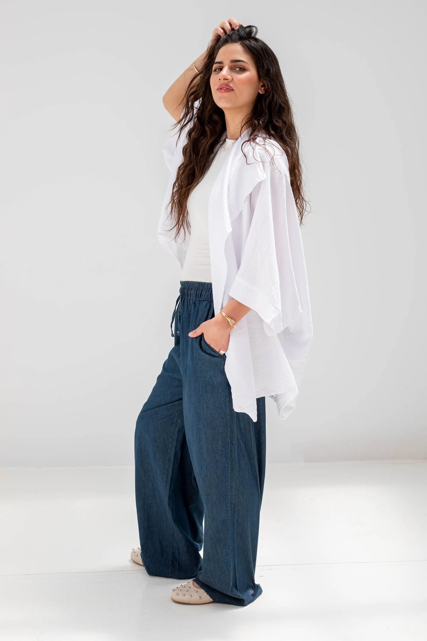 White Linen Open-Front Drape Jacket
