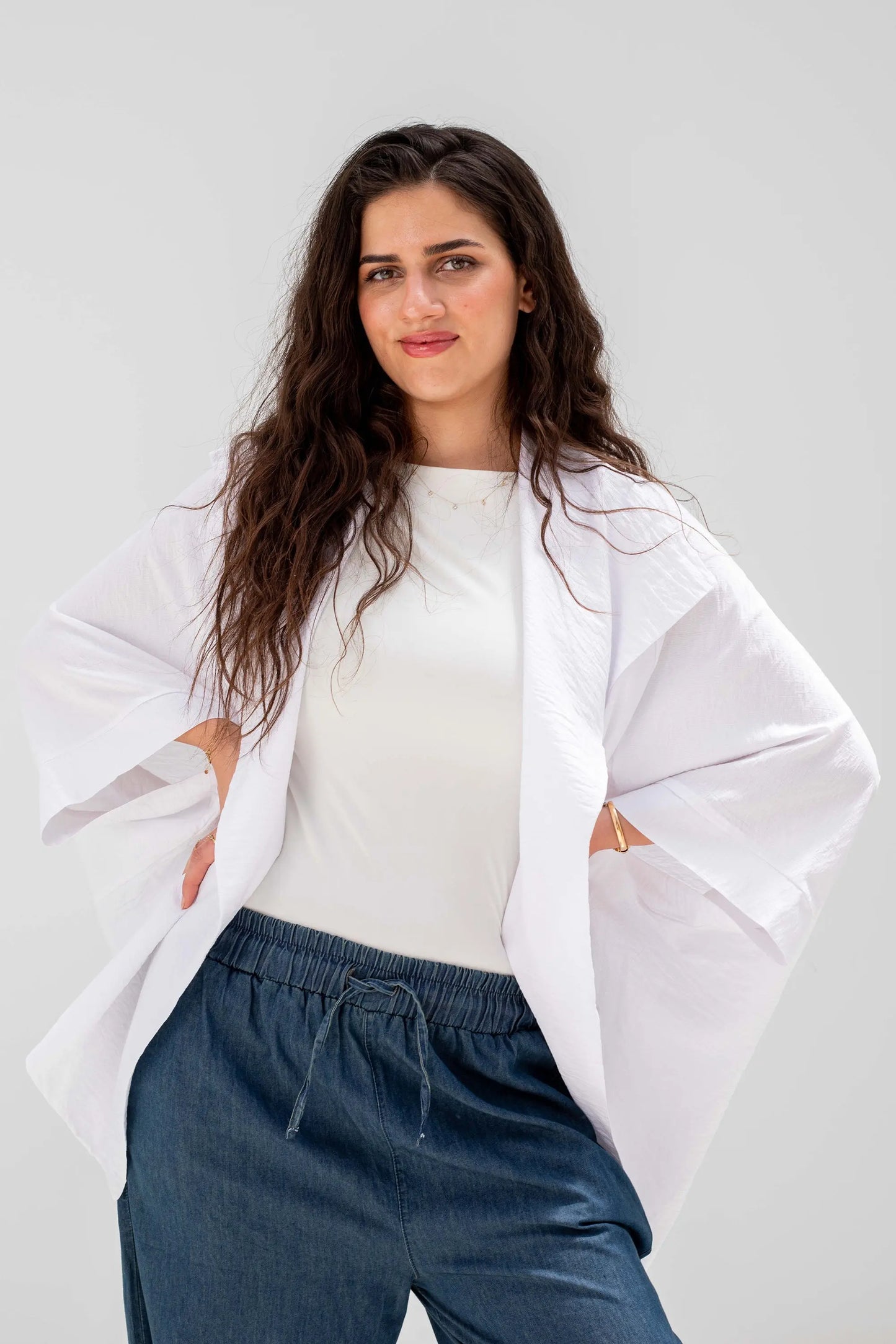 White Linen Open-Front Drape Jacket