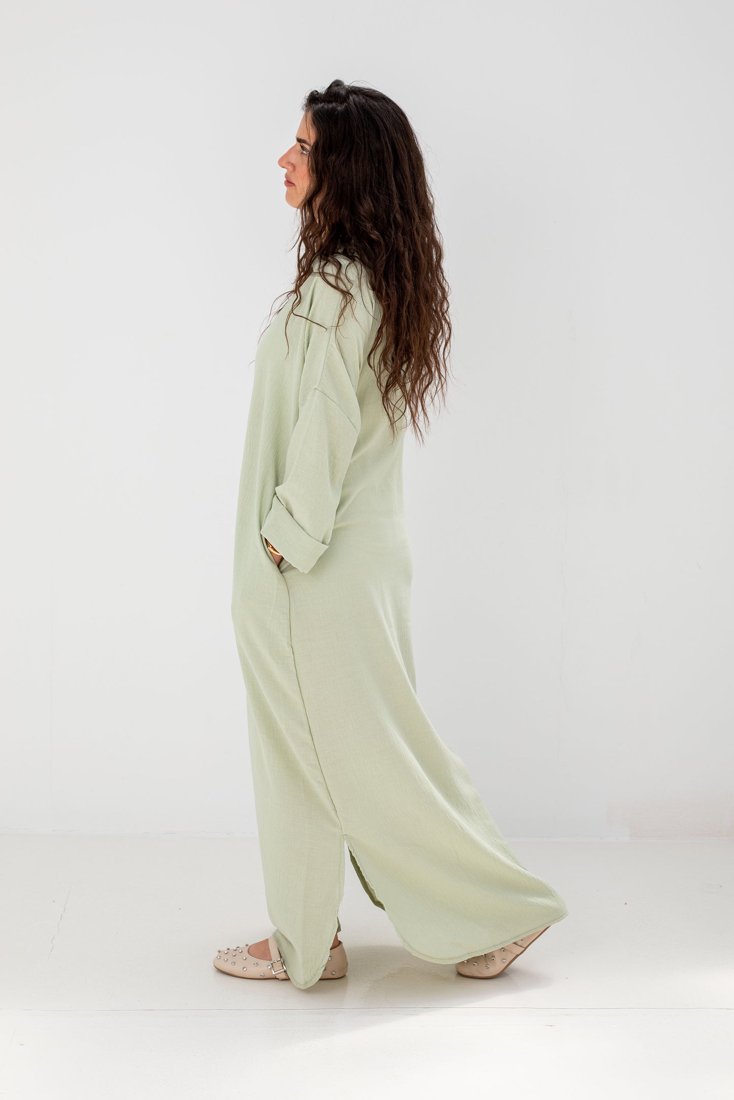 Loose-Fit Linen Maxi Dress - Mint Green