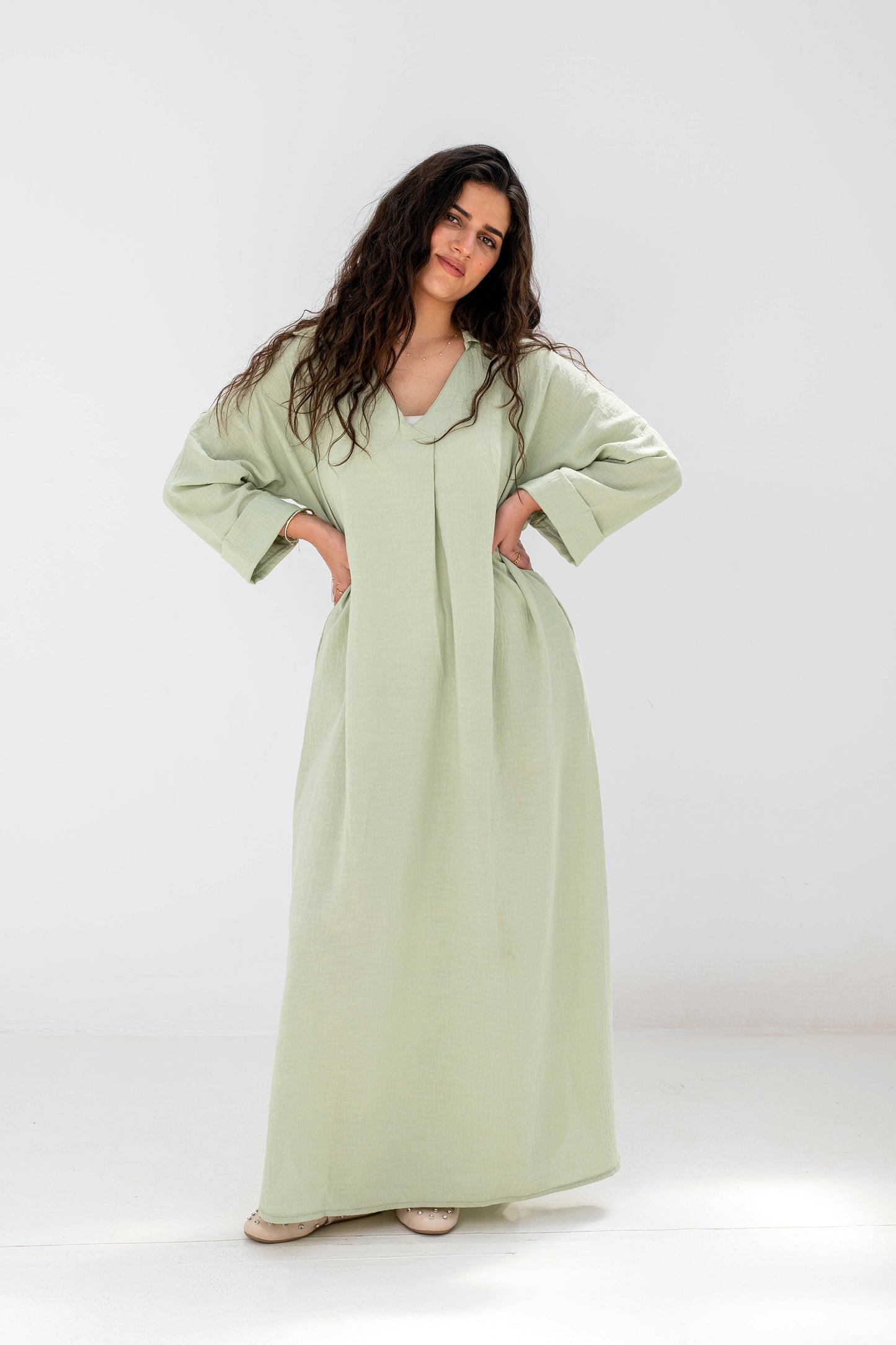 Loose-Fit Linen Maxi Dress - Mint Green