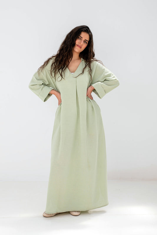 Loose-Fit Linen Maxi Dress - Mint Green