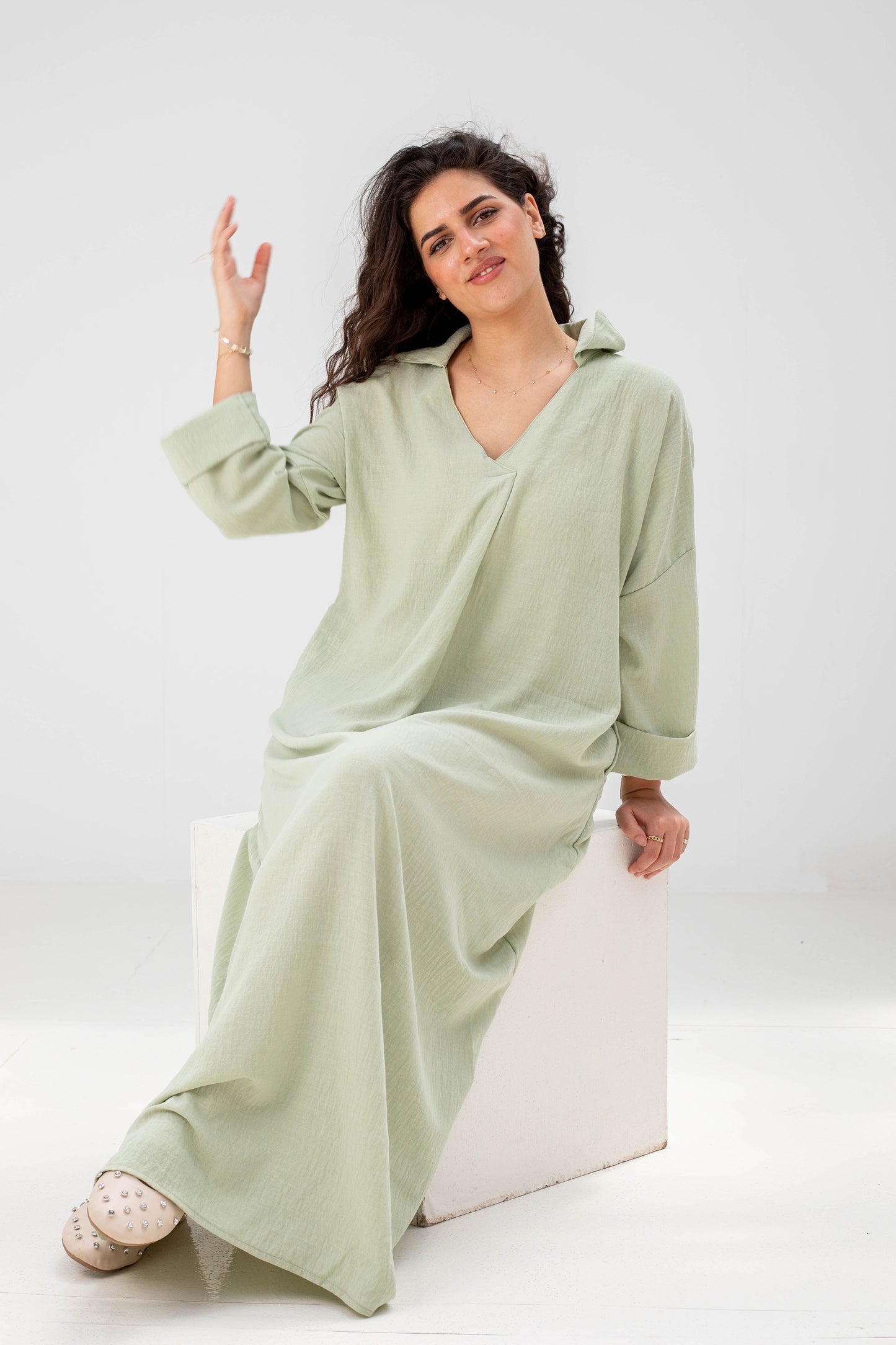 Loose-Fit Linen Maxi Dress - Mint Green