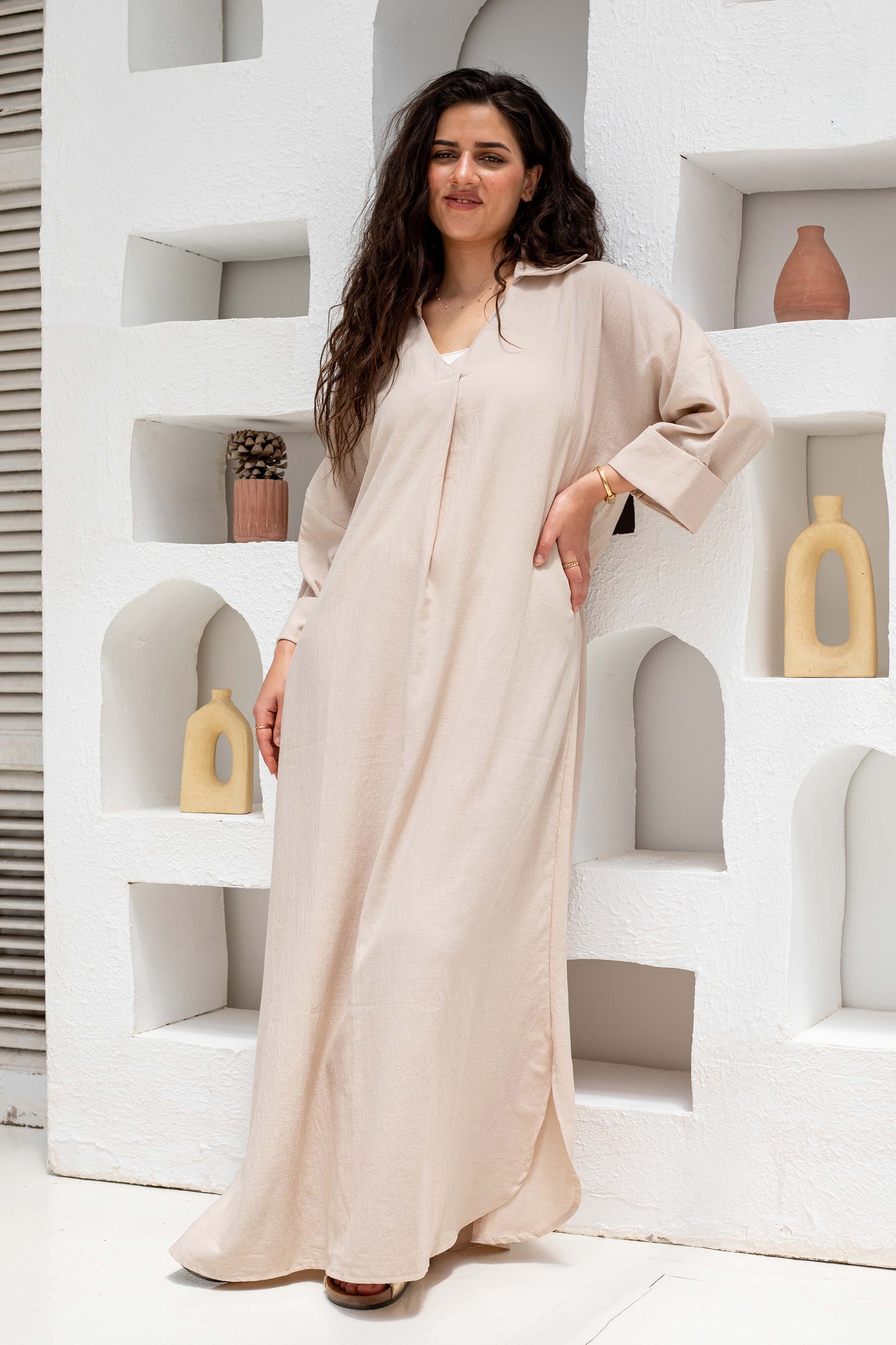 Loose-Fit Linen Maxi Dress – Beige